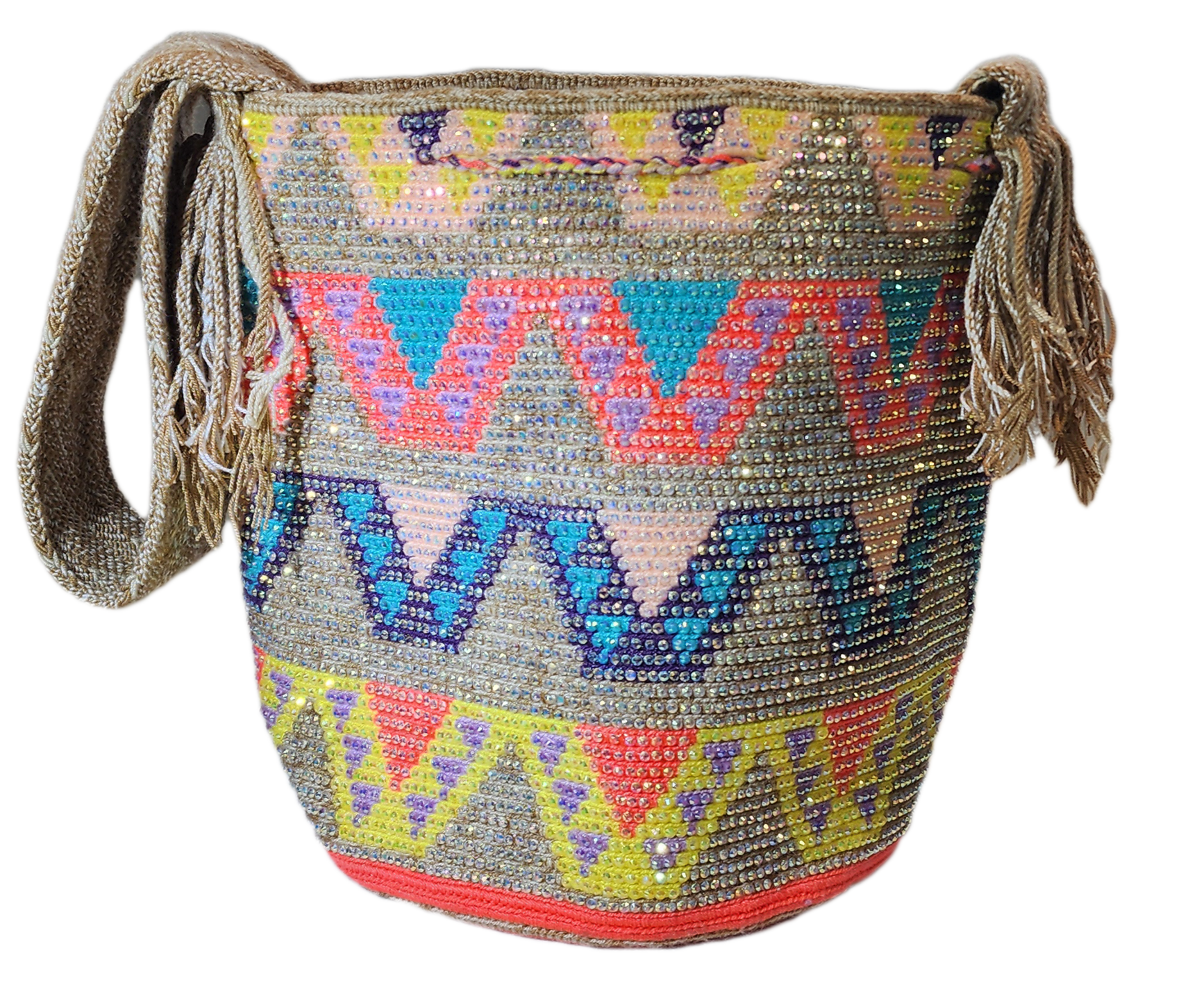 Bottom view Boho crossbody Wayuu bag featuring a rainbow palette and handmade woven strap.