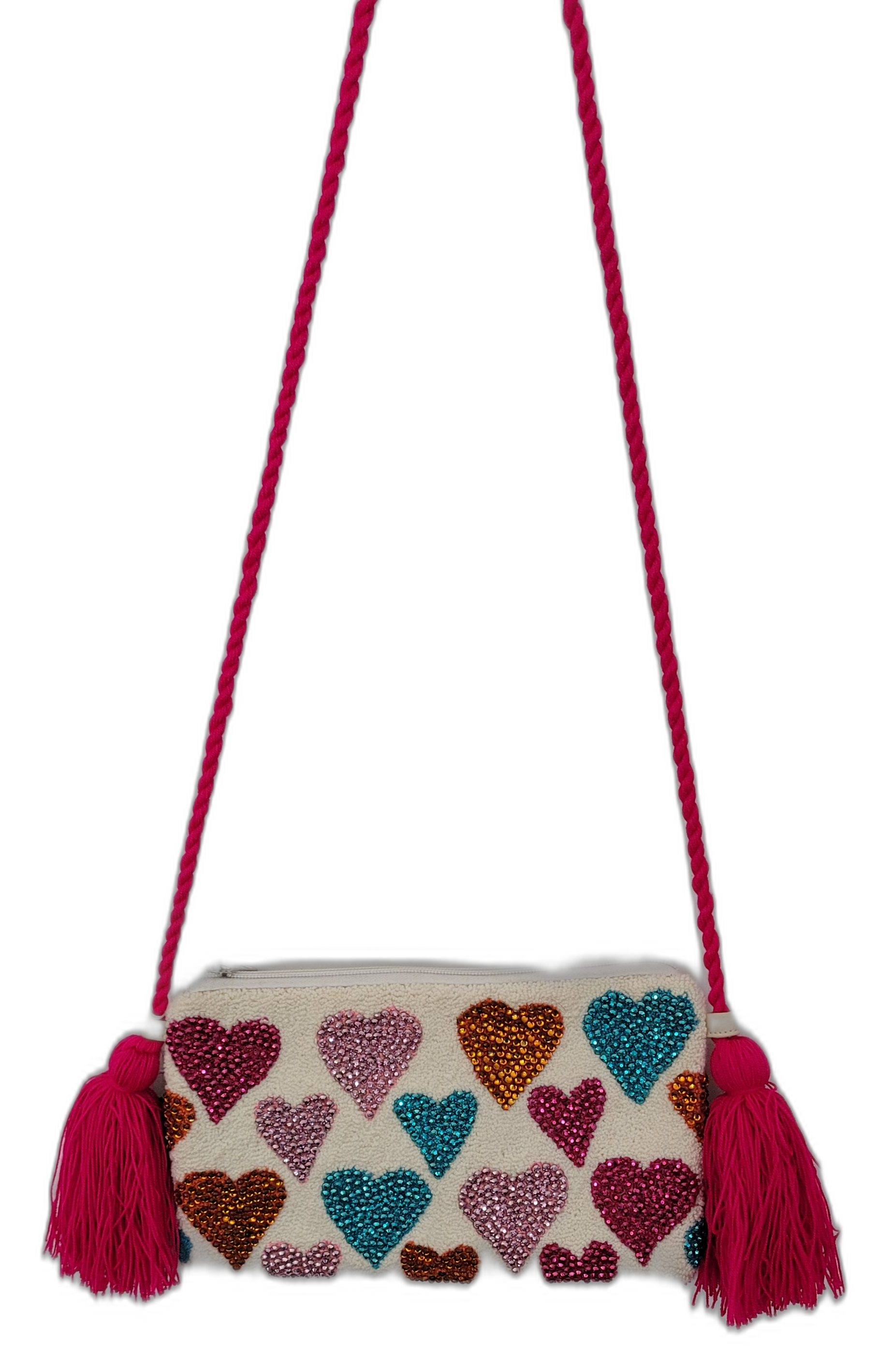 1 Boho chick clutch with bright hearts in pink, orange, and blue on beige punch needle base

