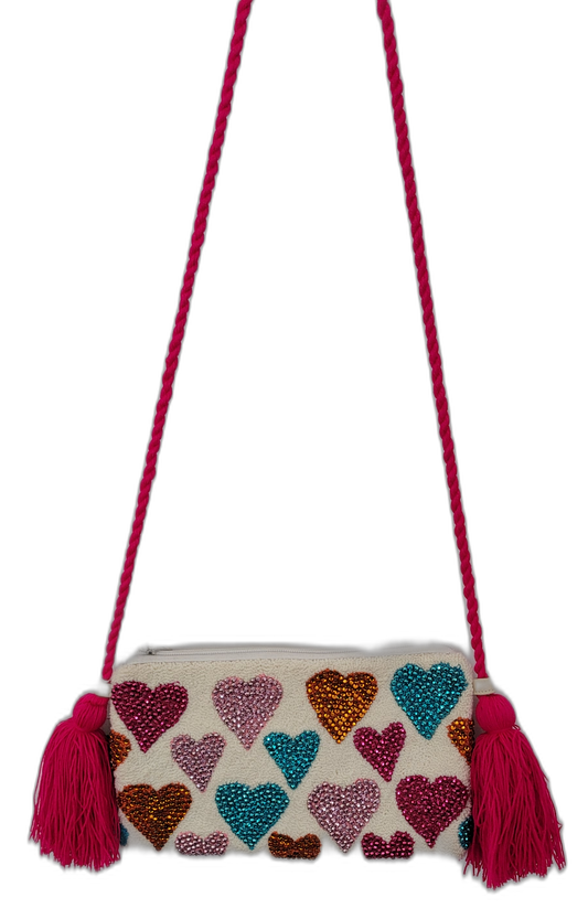 Boho chick clutch with bright hearts in pink, orange, and blue on beige punch needle base

