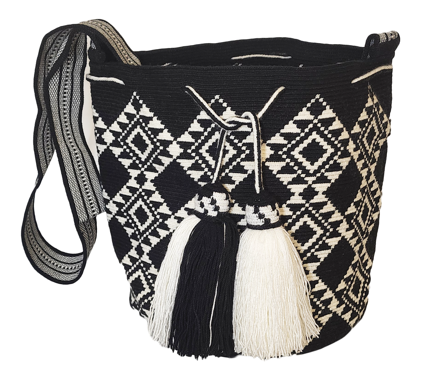 Bohemian Wayuu crochet shoulder bag in classic monochrome for a bold, boho-chick look.