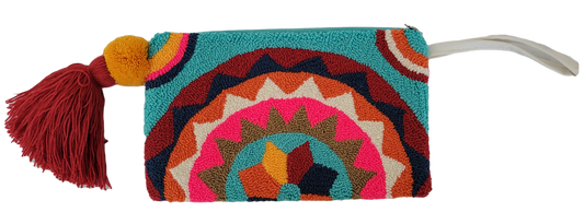 Multicolored bohemian Wayuu wristlet with red tassel

