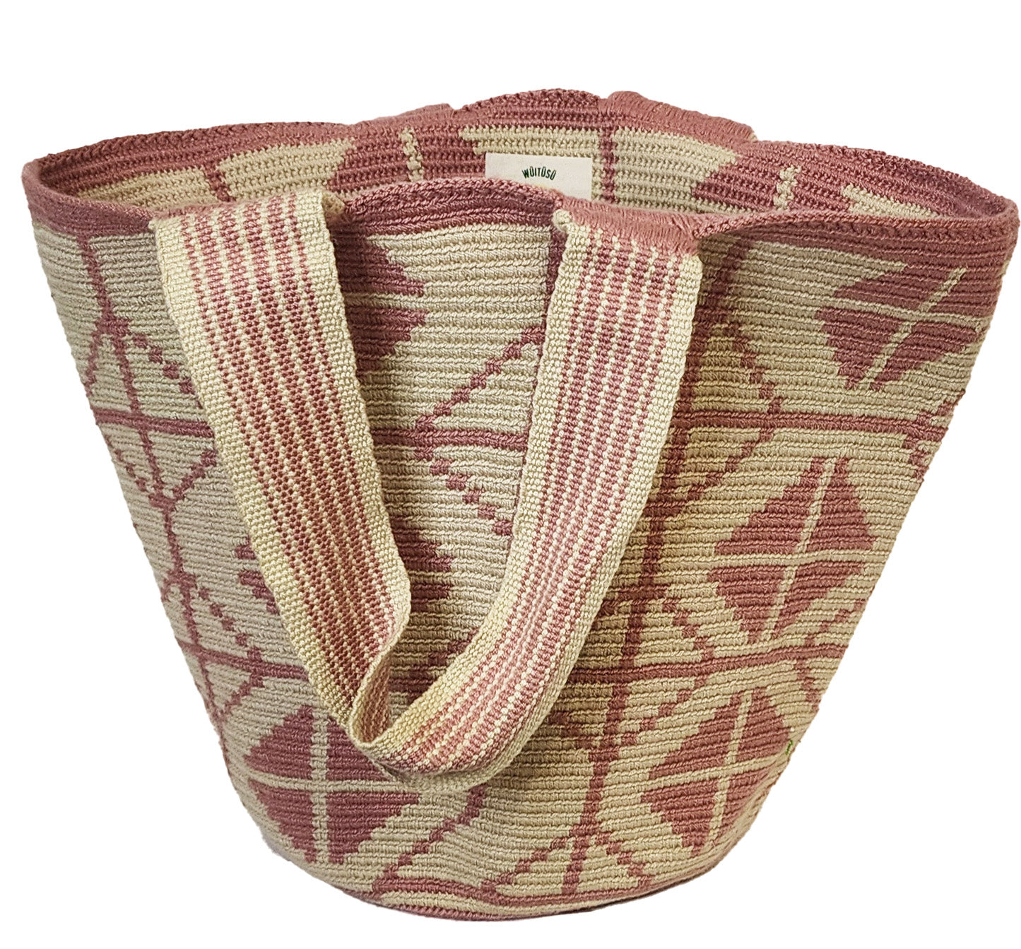 Bohemian pink Wayuu bag with dual straps, perfect for everyday or beach style.