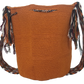 Artisan Wayuu crochet bag in warm orange tones, featuring dramatic tassels and a Boho-style shoulder strap — handmade and colorful.