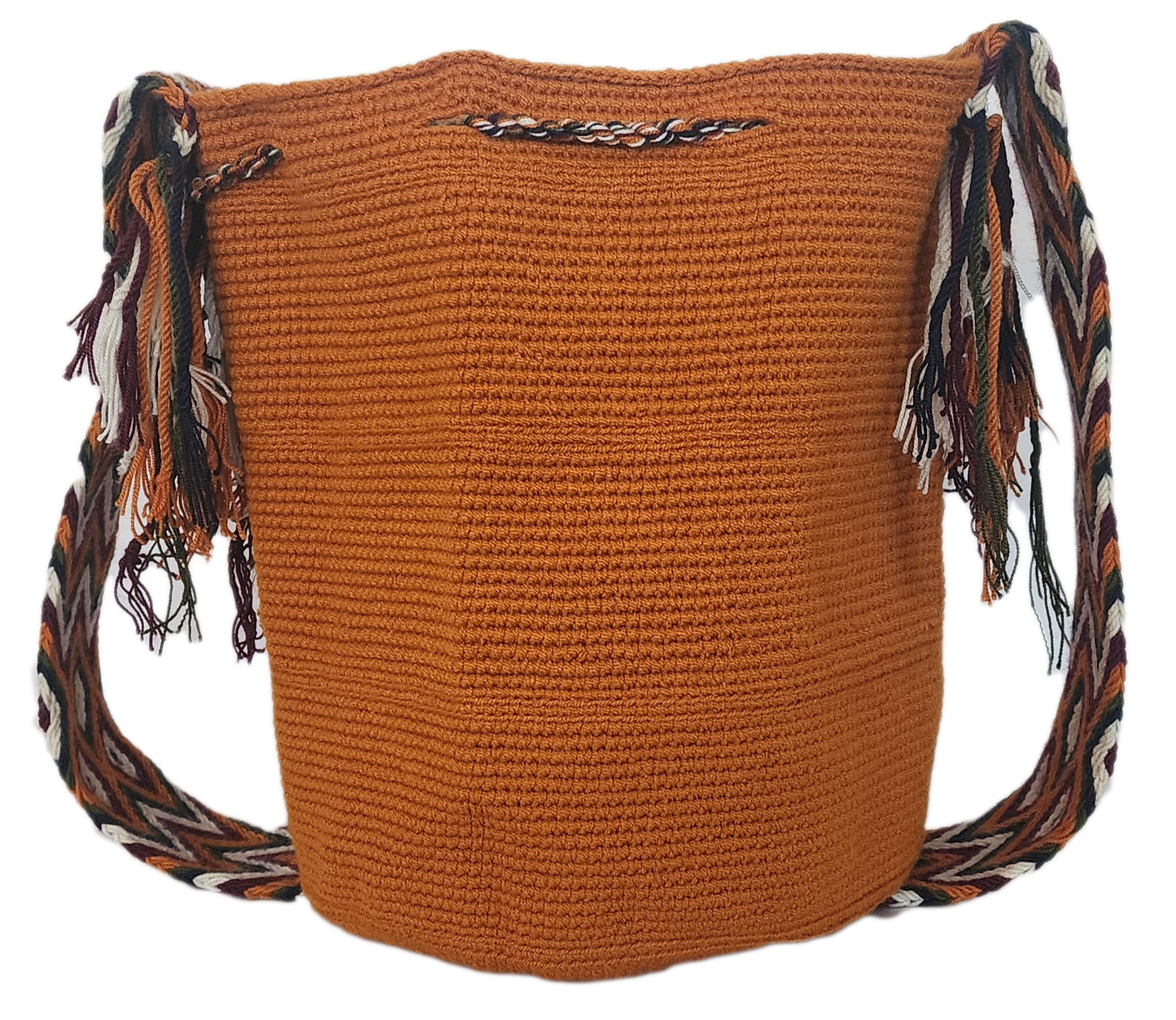 Artisan Wayuu crochet bag in warm orange tones, featuring dramatic tassels and a Boho-style shoulder strap — handmade and colorful.
