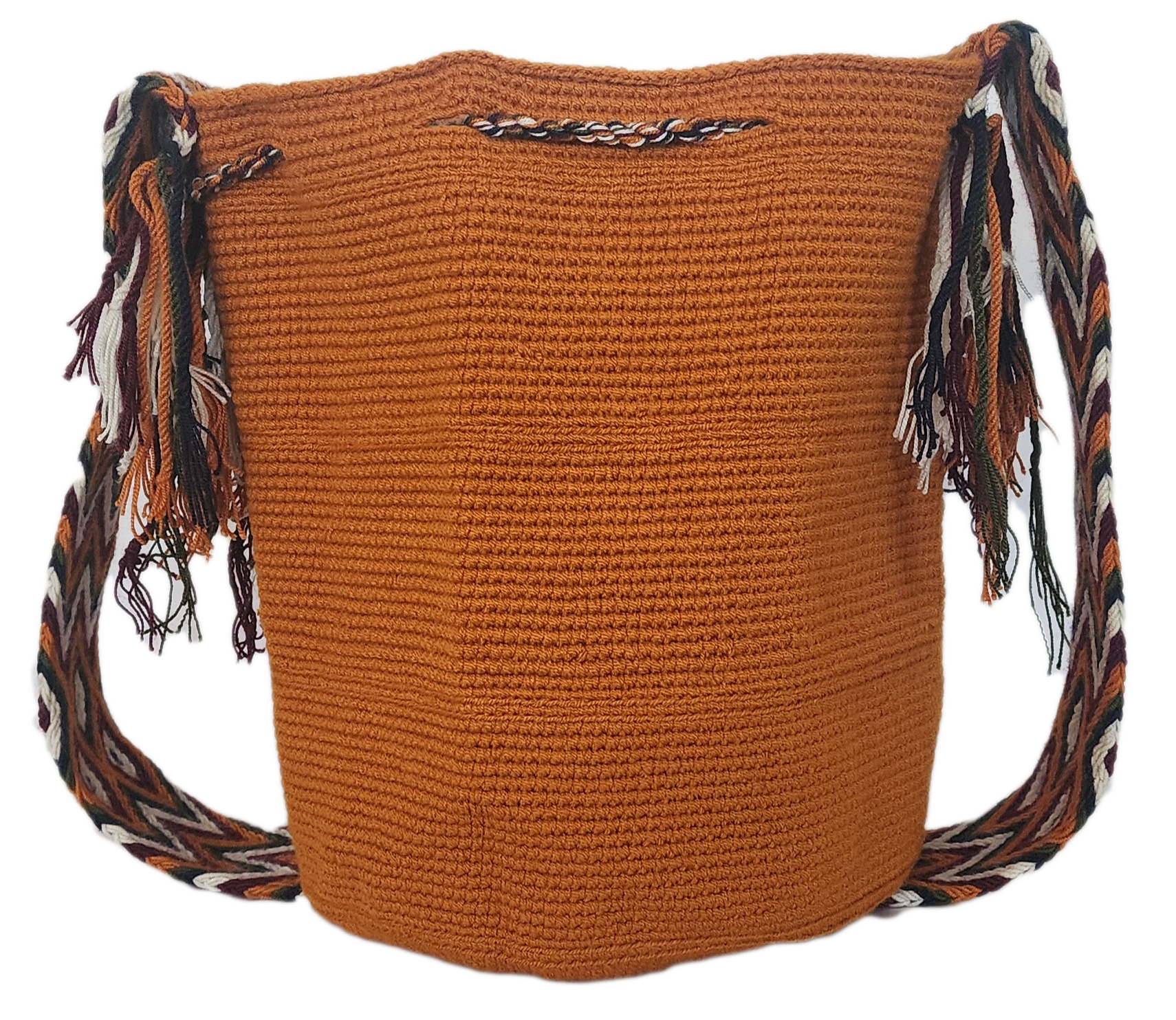 Bottom view Artisan Wayuu crochet bag in warm orange tones, featuring dramatic tassels and a Boho-style shoulder strap — handmade and colorful.