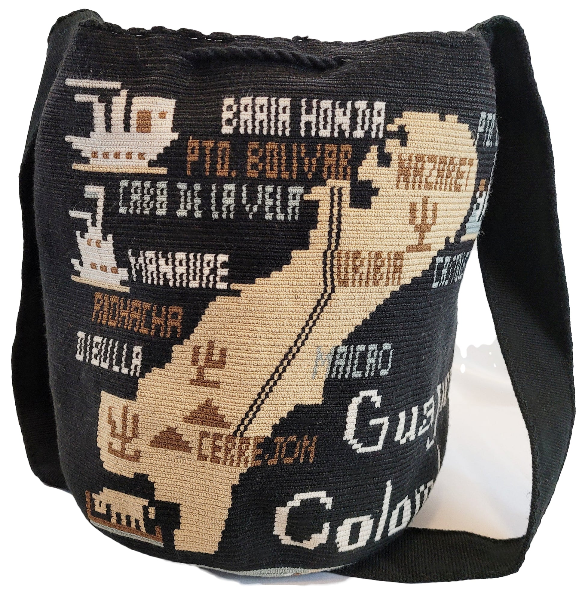 Bottom view Black Wayuu crochet mochila with a cartographic design honoring Wayuu heritage.