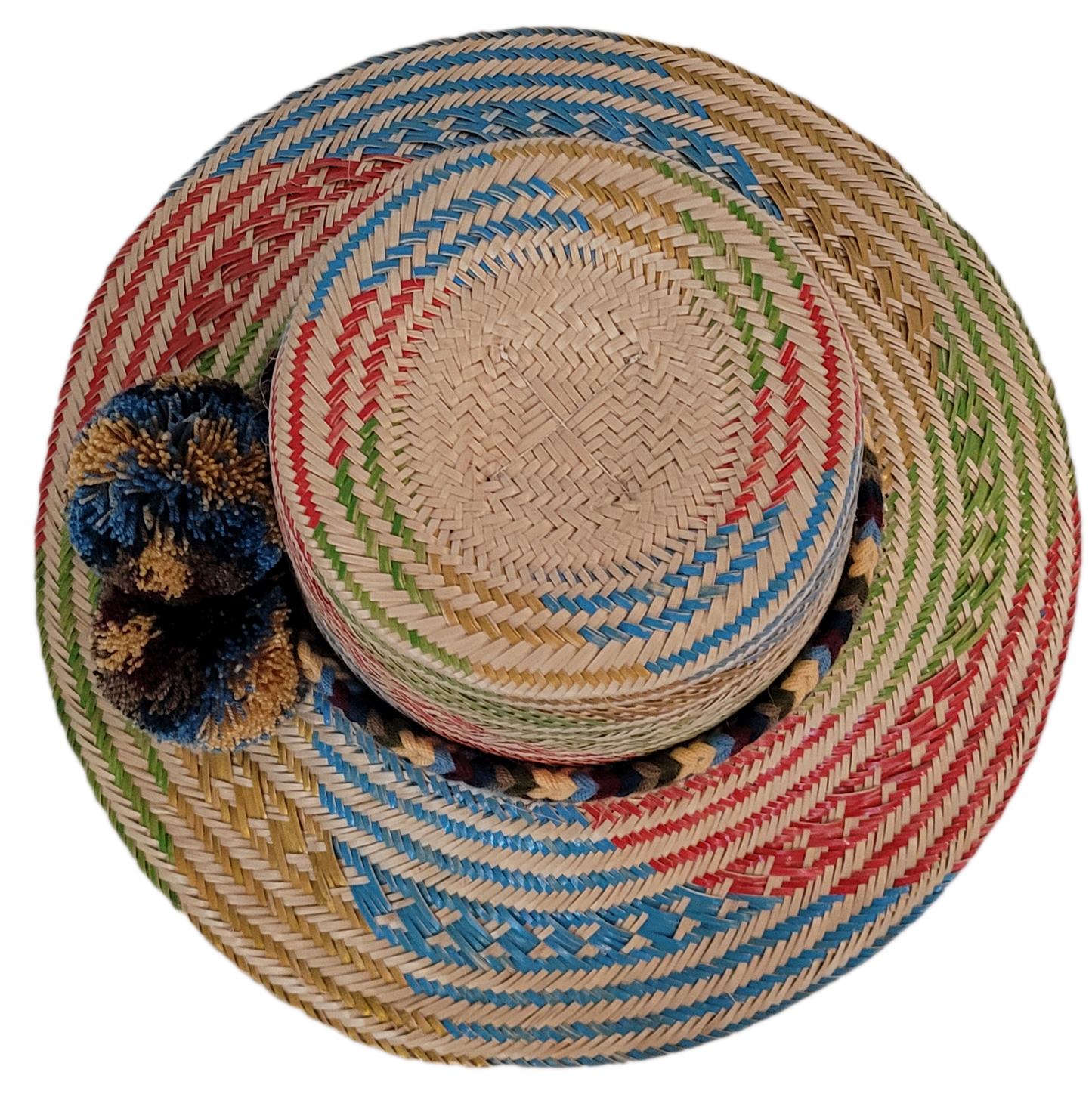 Colorful straw hat crafted by Wayuu artisans with unique woven texture
