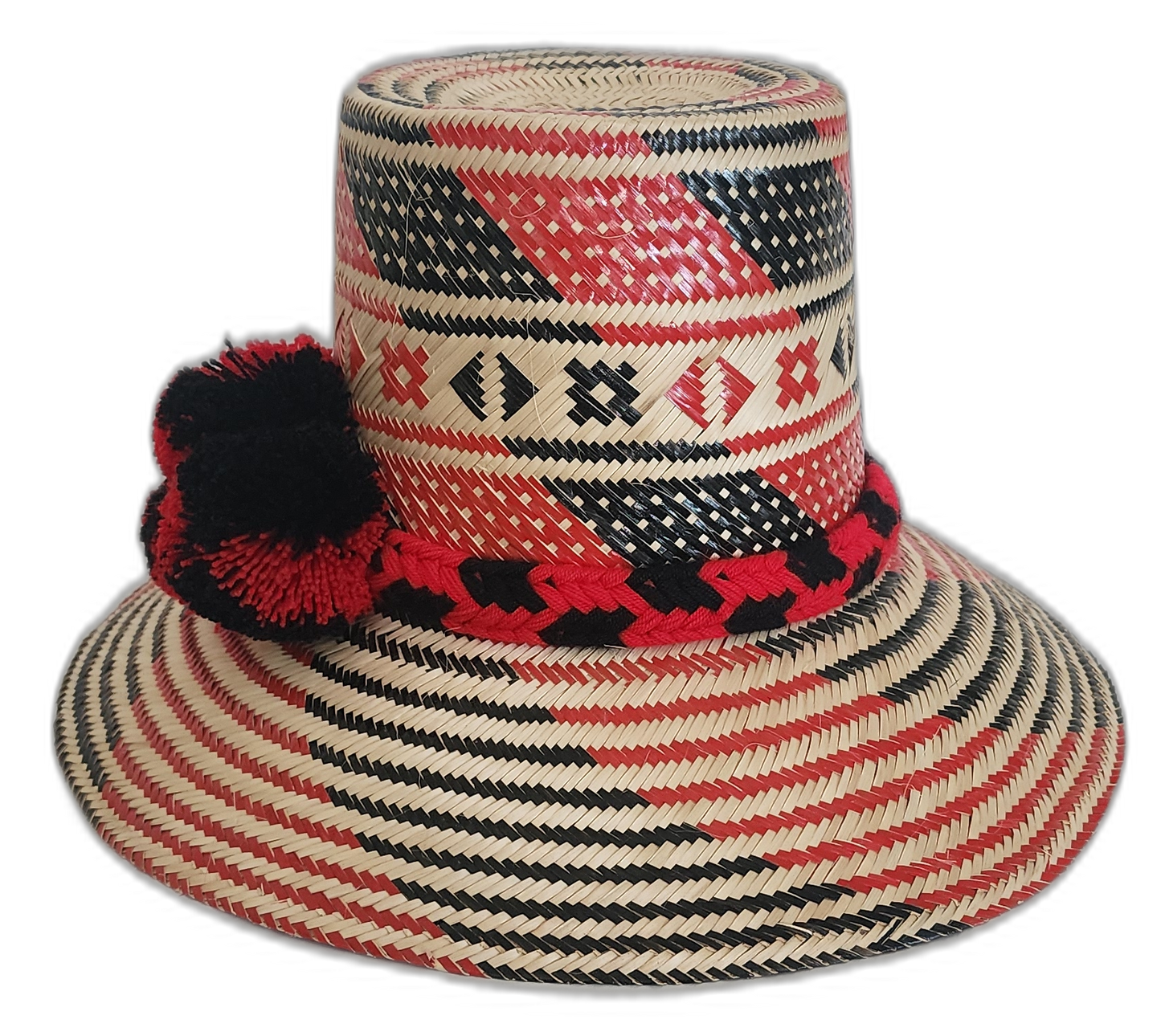 Colorful bohemian Wayuu hat with cultural pompoms and tribal weave
