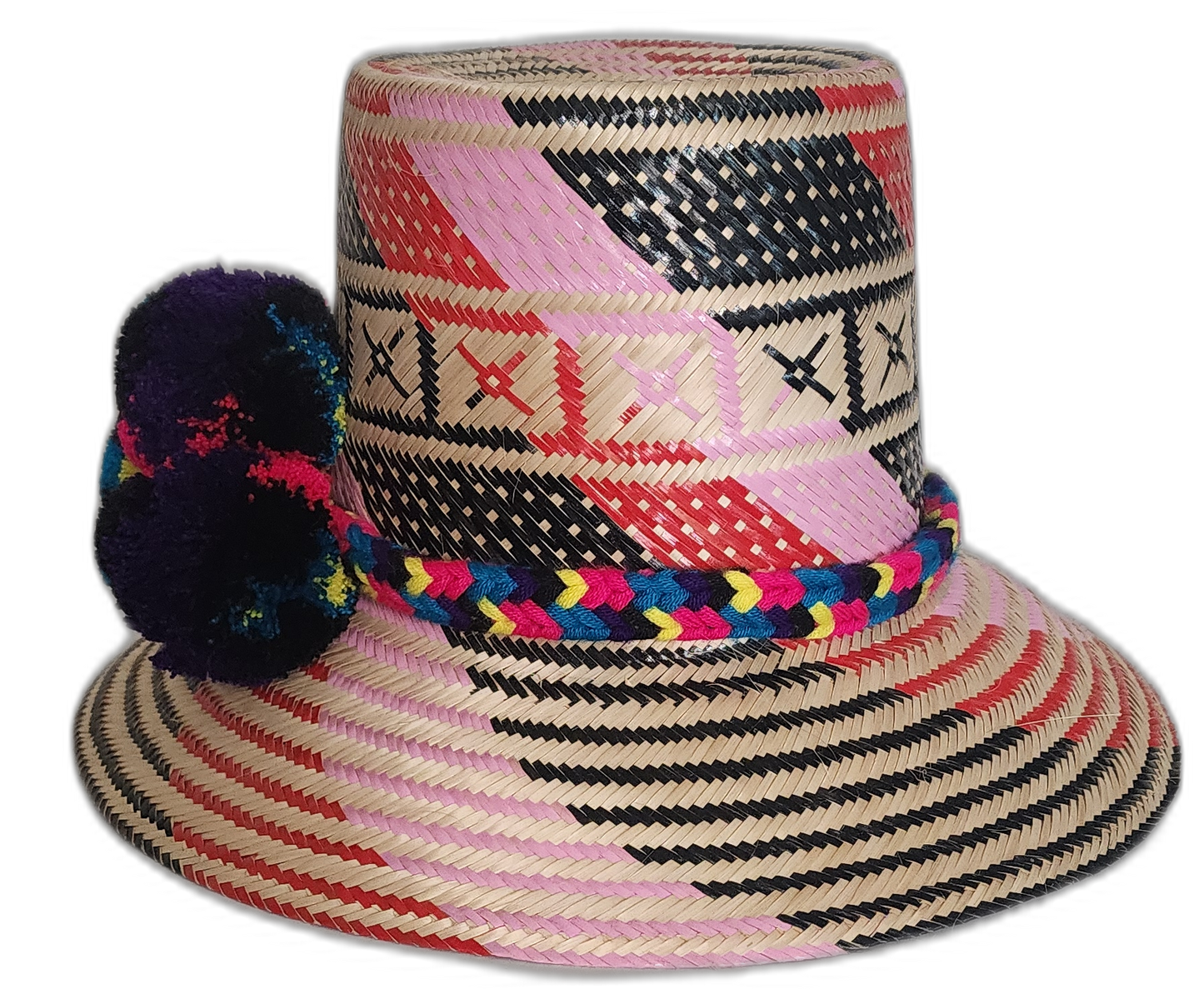 Bohemian chick straw hat featuring bold dark pompoms and tribal design