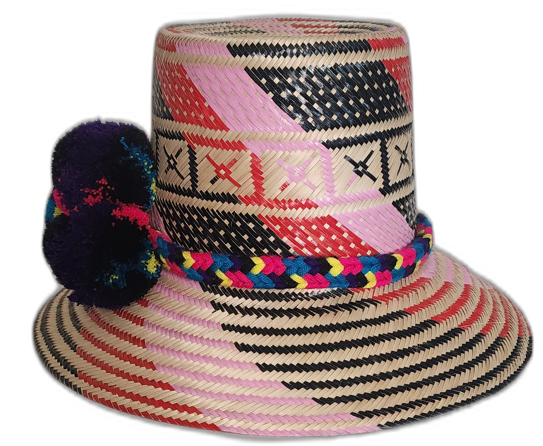 Bohemian chick straw hat featuring bold dark pompoms and tribal design
