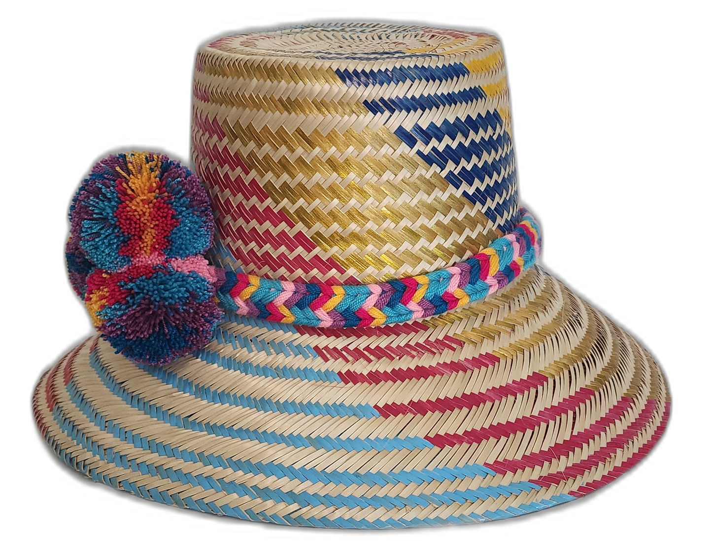 Boho straw hat featuring red, blue, purple, and yellow details
