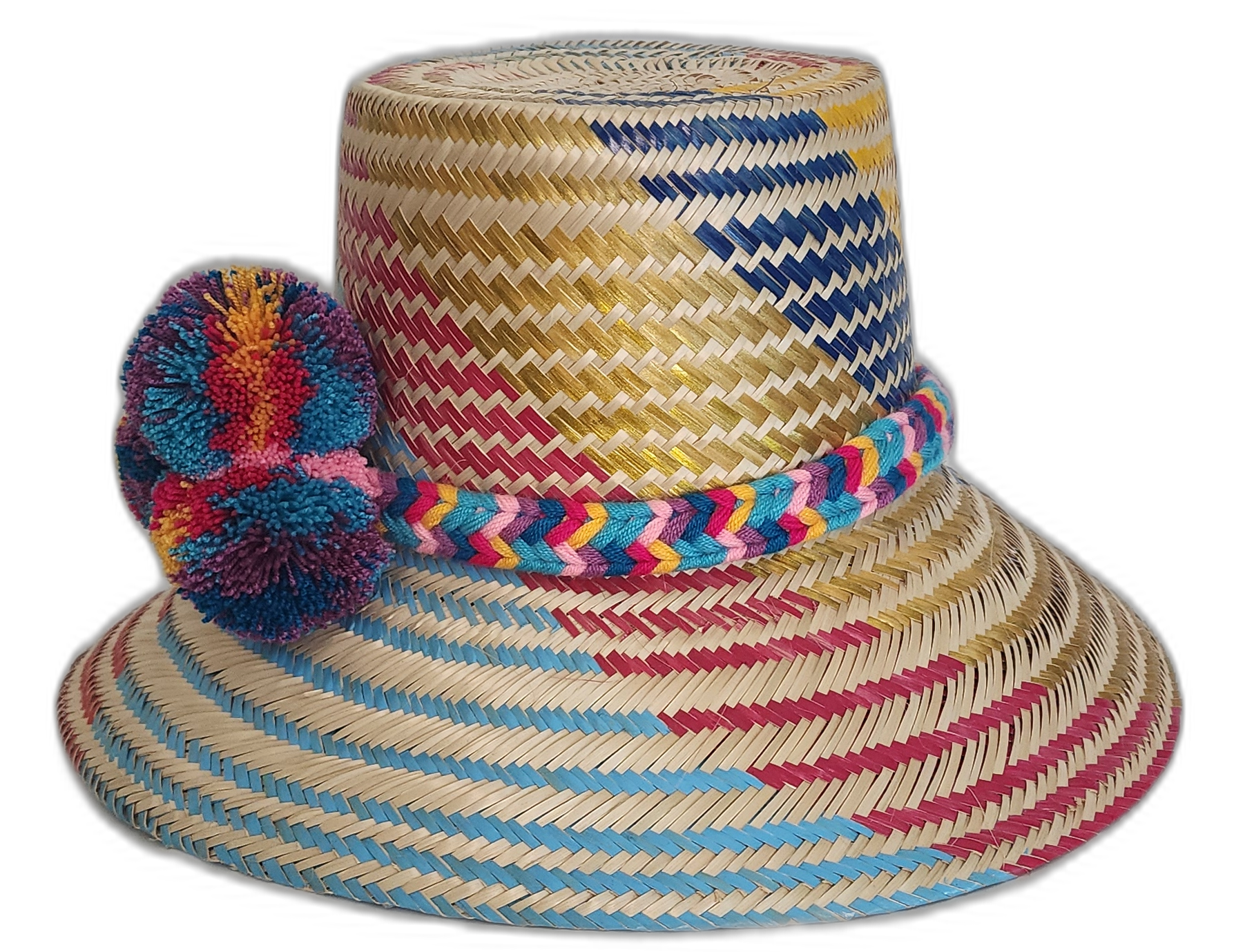 Boho straw hat featuring red, blue, purple, and yellow details