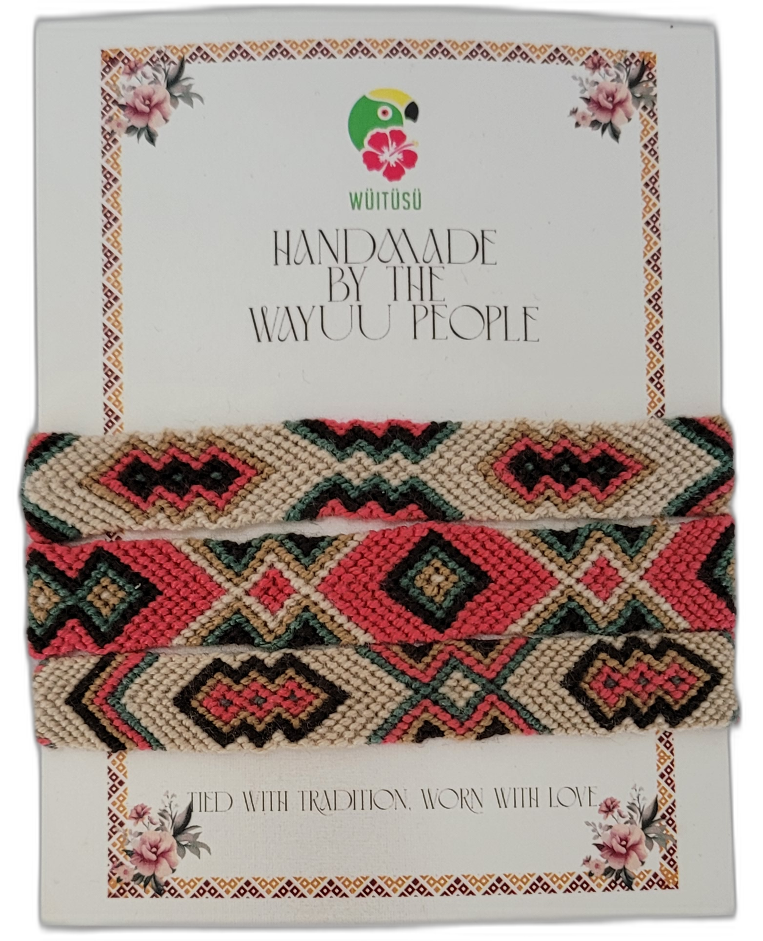 1 Bohemian handmade Wayuu friendship bracelet with bold tribal patterns in cream, coral, green, and black — a chic artisan piece with symbolic meaning.


