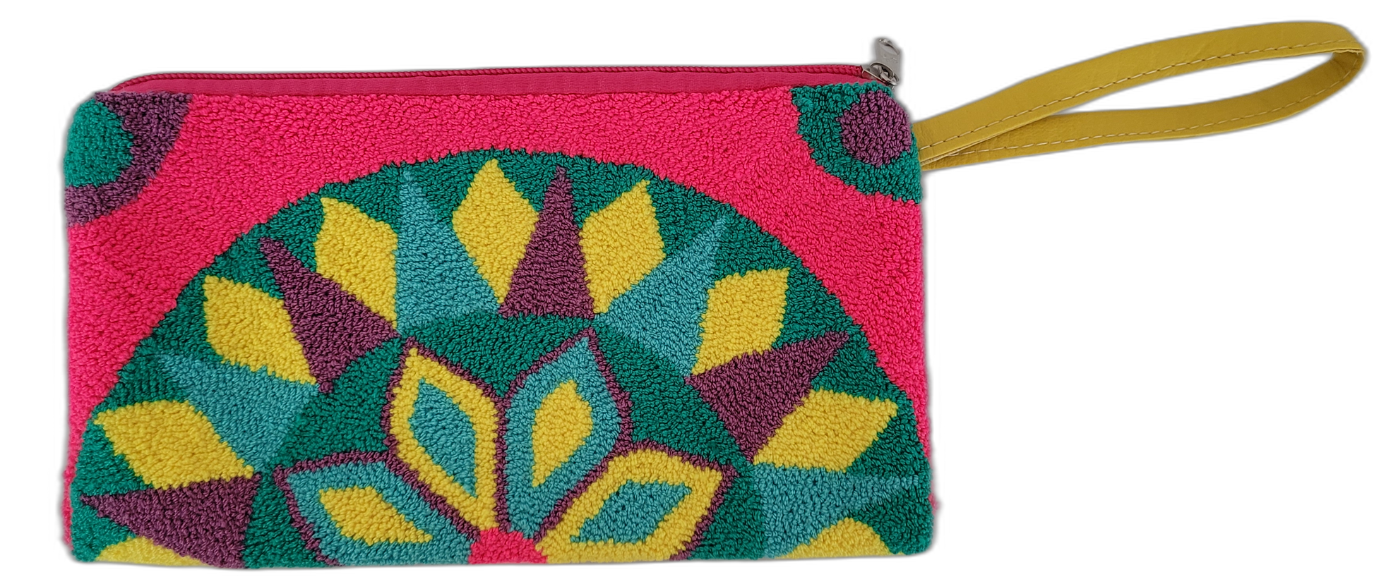 1 Boho crochet Wayuu clutch in a radiant multicolor pattern. Handcrafted using punch needle technique for a textured, eye-catching artisan bag.