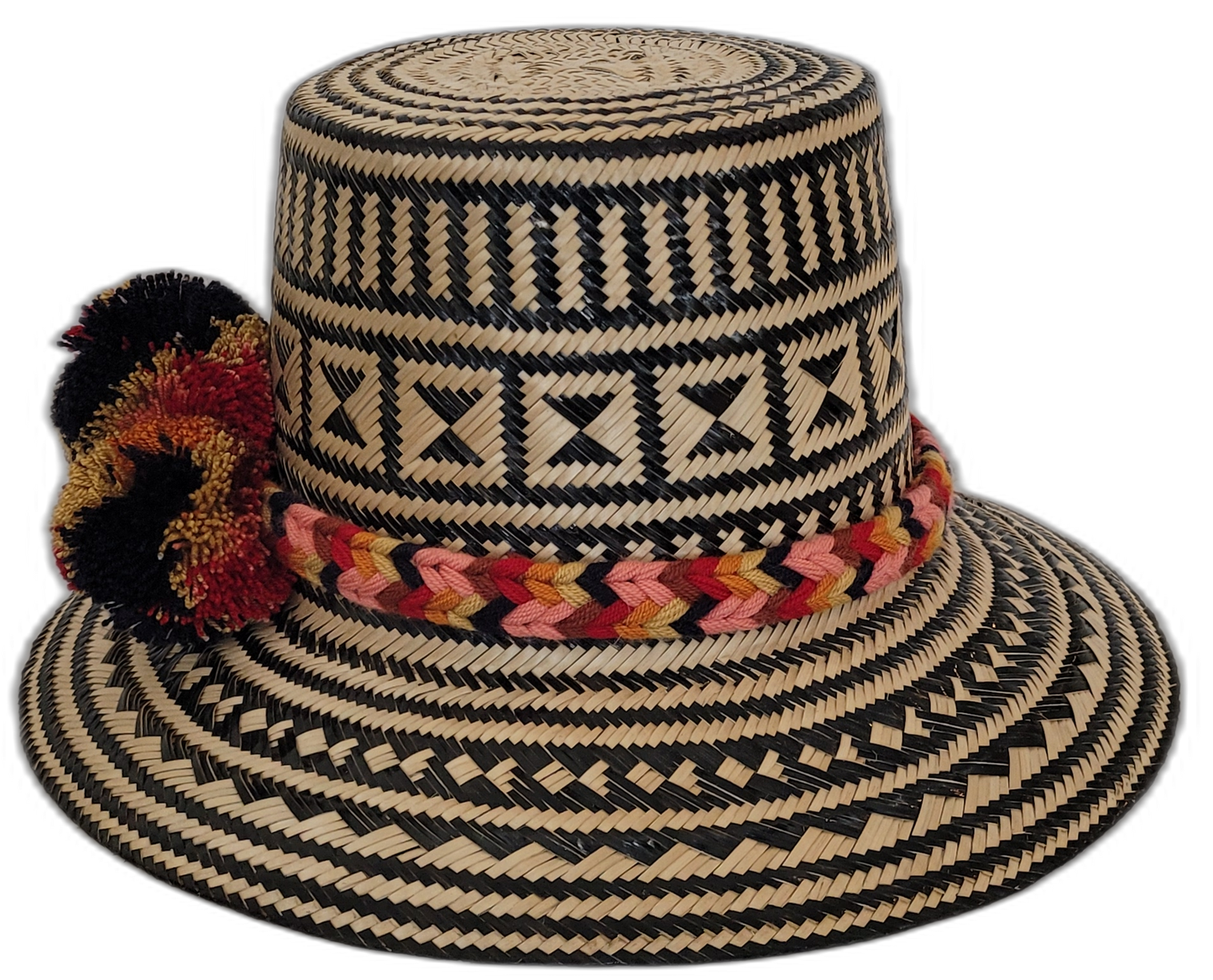 Boho Wayuu hat with bold weave and braided band in artisan style