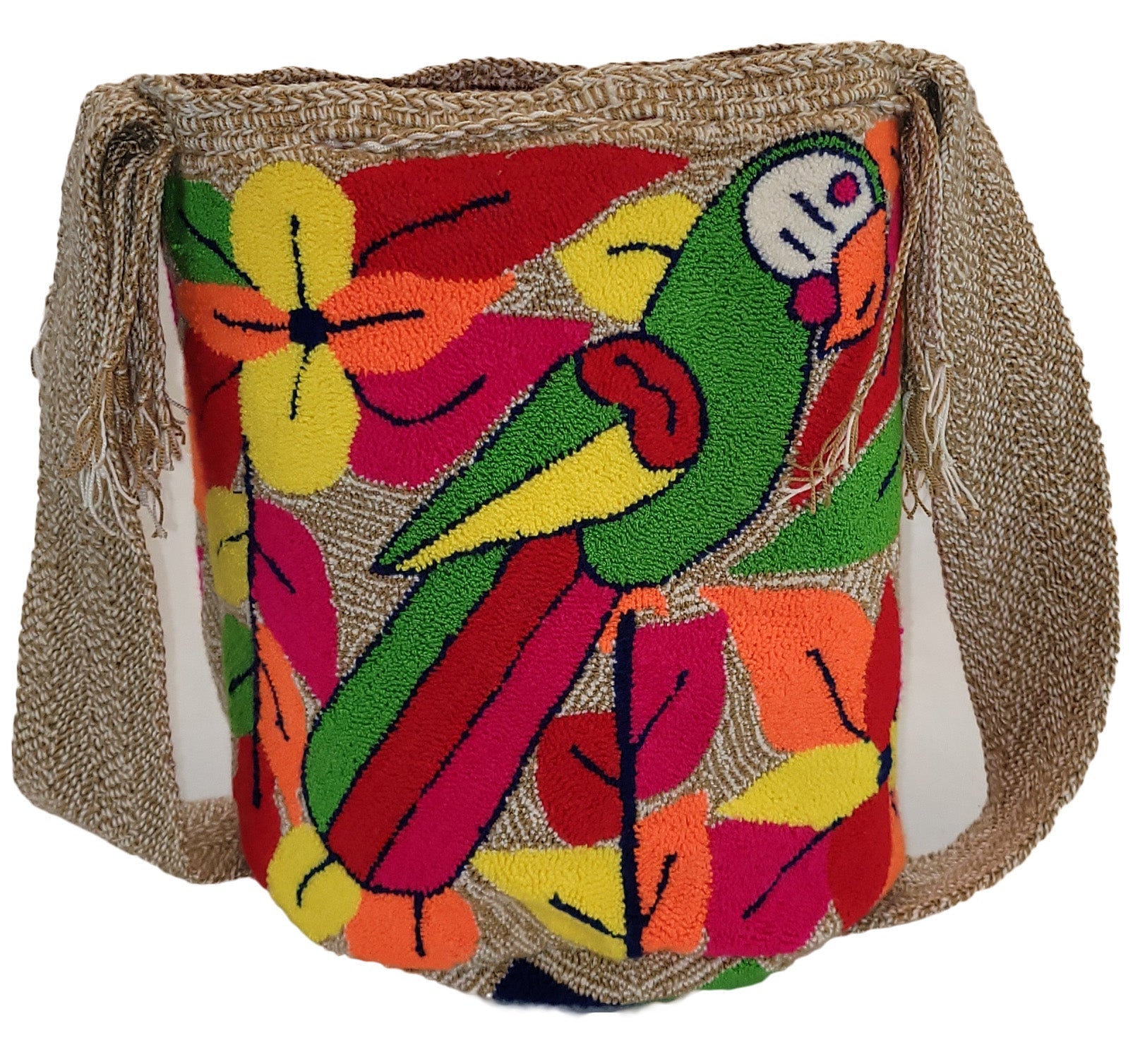 Bottom view Vibrant bohemian punch needle handbag with tropical design