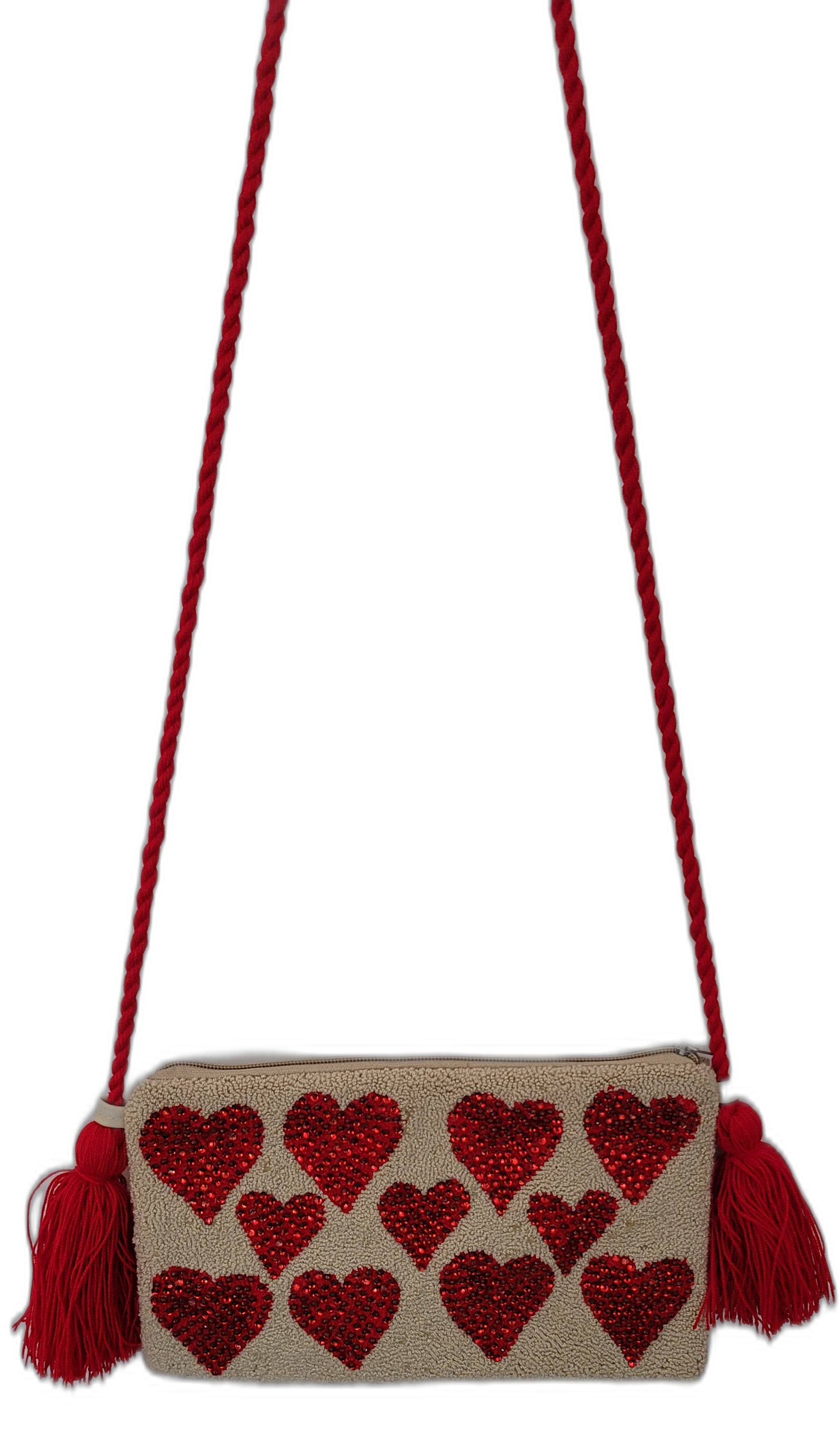 1 Mikaela handmade Wayuu clutch with red heart embroidery and braided tassel strap

