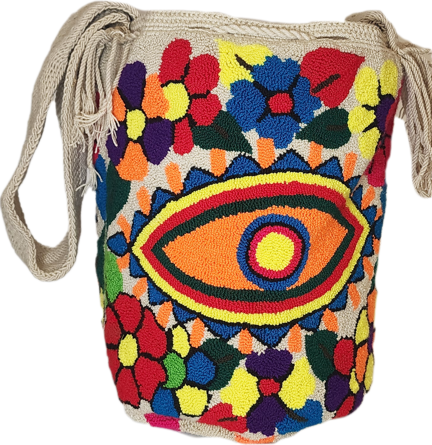 Artisanal Wayuu shoulder bag with bold flower and eye motif