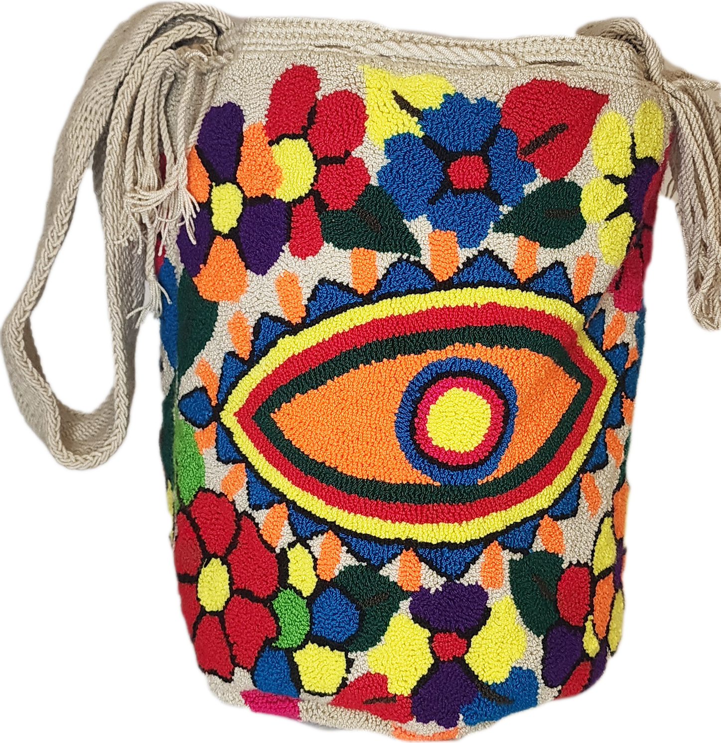 Artisanal Wayuu shoulder bag with bold flower and eye motif