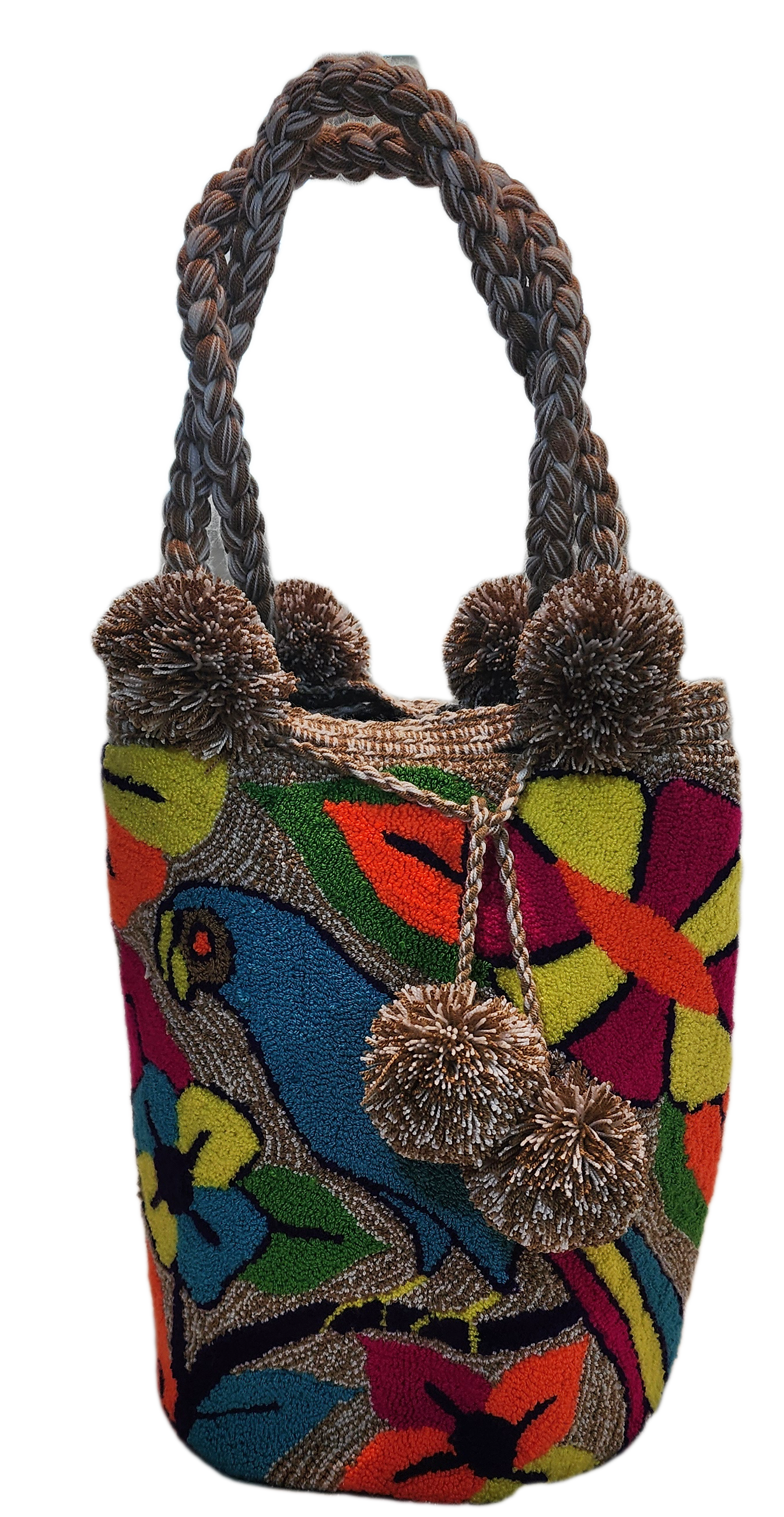 Boho-chick Wayuu crochet handbag featuring bold bird and flower embroidery