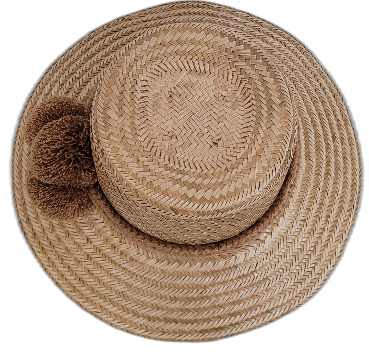 Natural Wayuu artisan hat, solid straw with brown pompom details.


