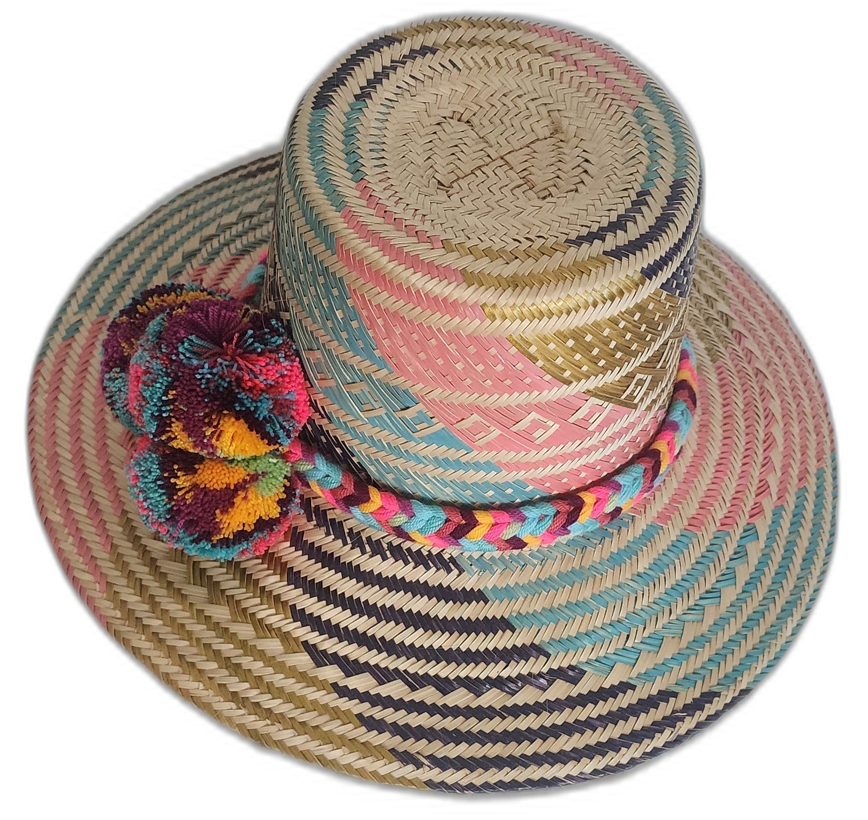 Colorful handmade straw hat with traditional geometric design