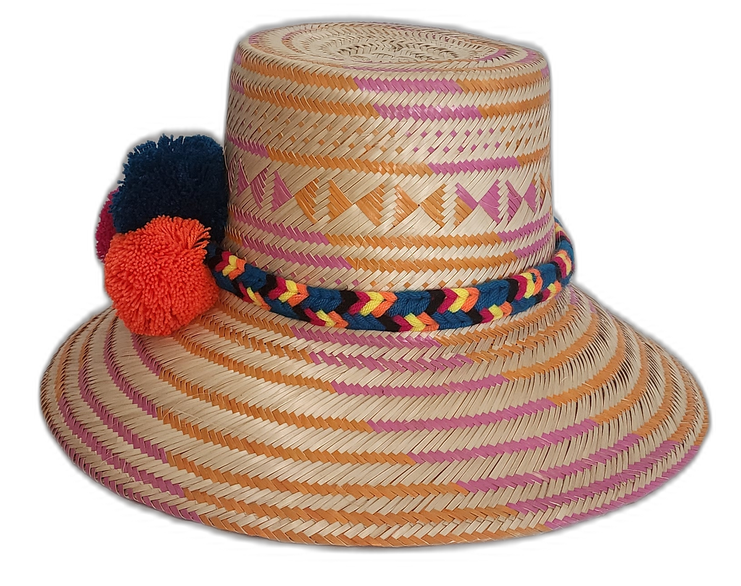 Boho chic artisan straw hat with bold geometric pattern and vibrant colorful pompom trio.