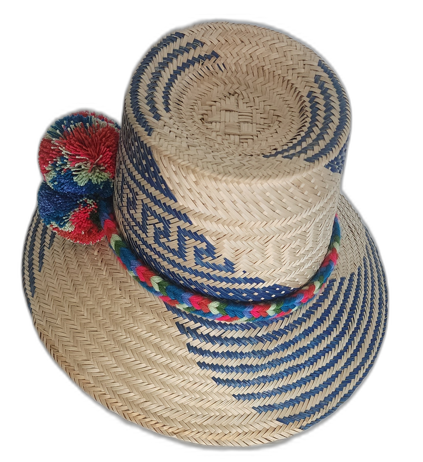 Colorful Wayuu hat crafted from Iraca palm with red and navy accents