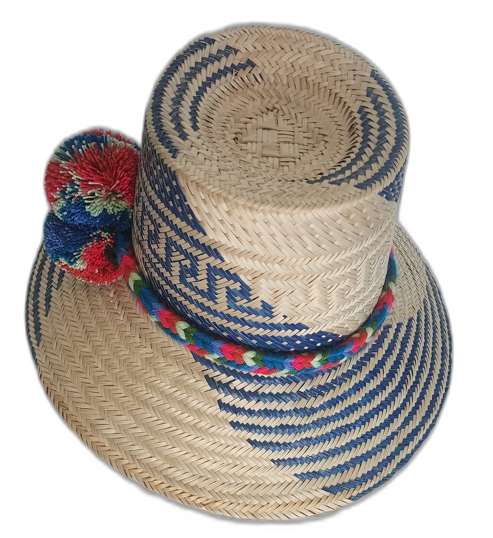Colorful Wayuu hat crafted from Iraca palm with red and navy accents