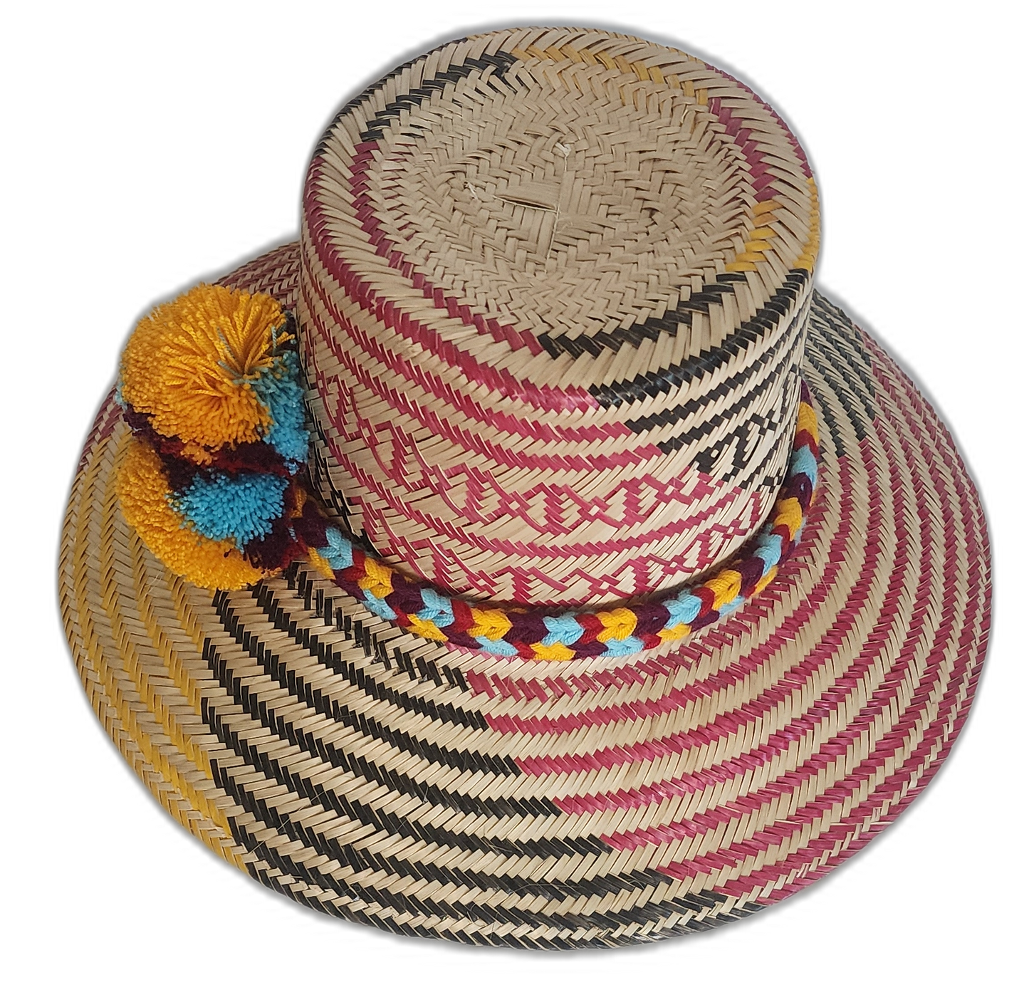Artisan straw hat featuring yellow stripes and cultural patterns