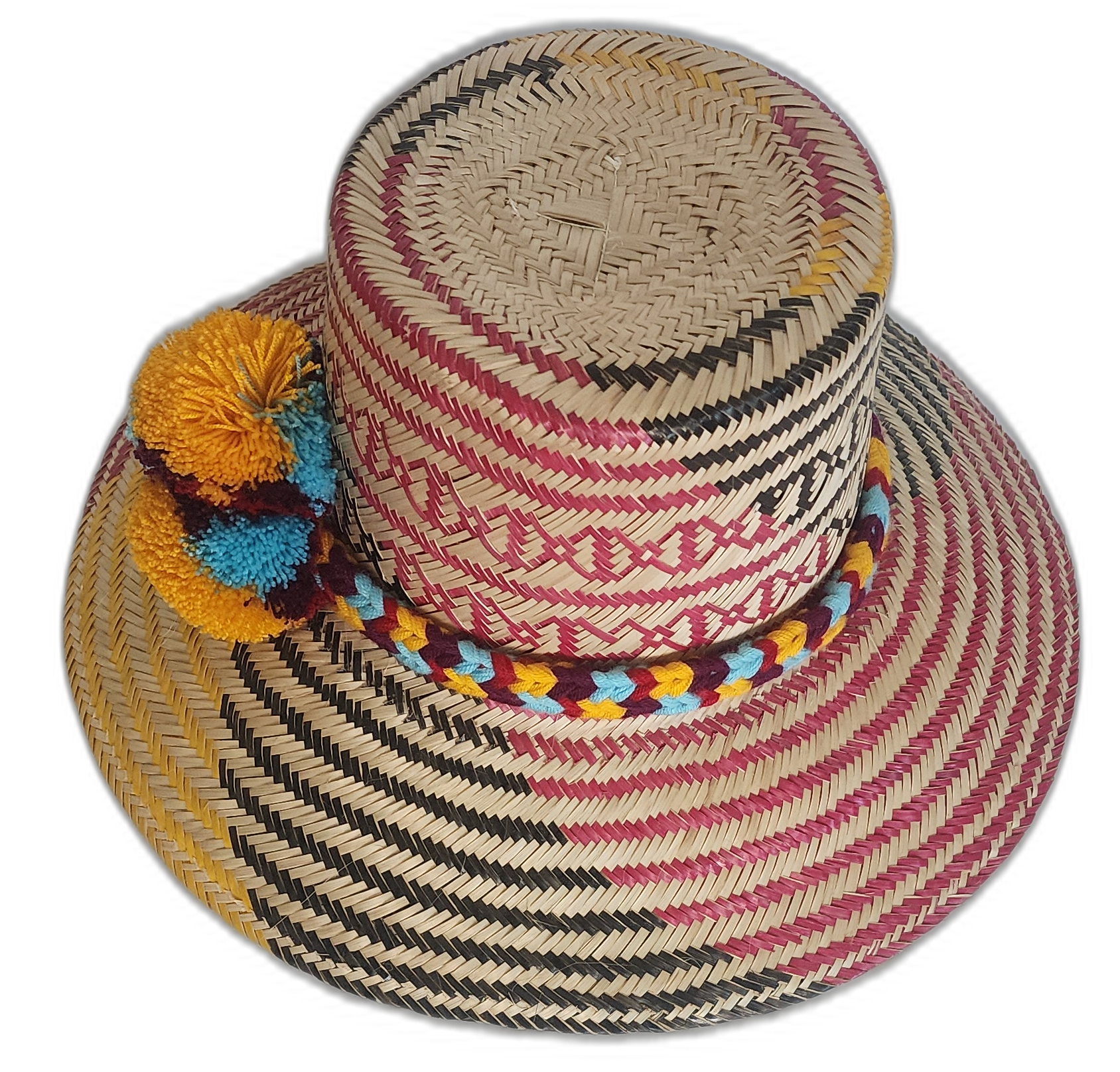 Artisan straw hat featuring yellow stripes and cultural patterns