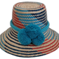 Colorful bohemian straw hat with blue, red, and natural tones, handmade by Wayuu artisans, featuring bold pom-poms.

