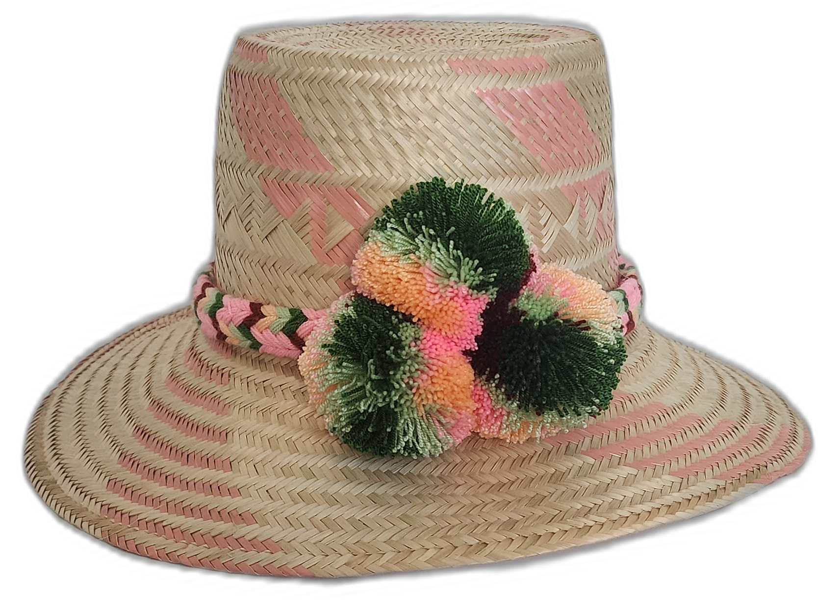 Boho chic Wayuu hat with green, orange, and pink pompoms and artisan braided band.Boho straw hat featuring artisan Wayuu weave in light pink tones

