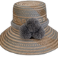 Handmade Wayuu bohemian straw hat with soft gray pompoms and beige-gray woven patterns.

