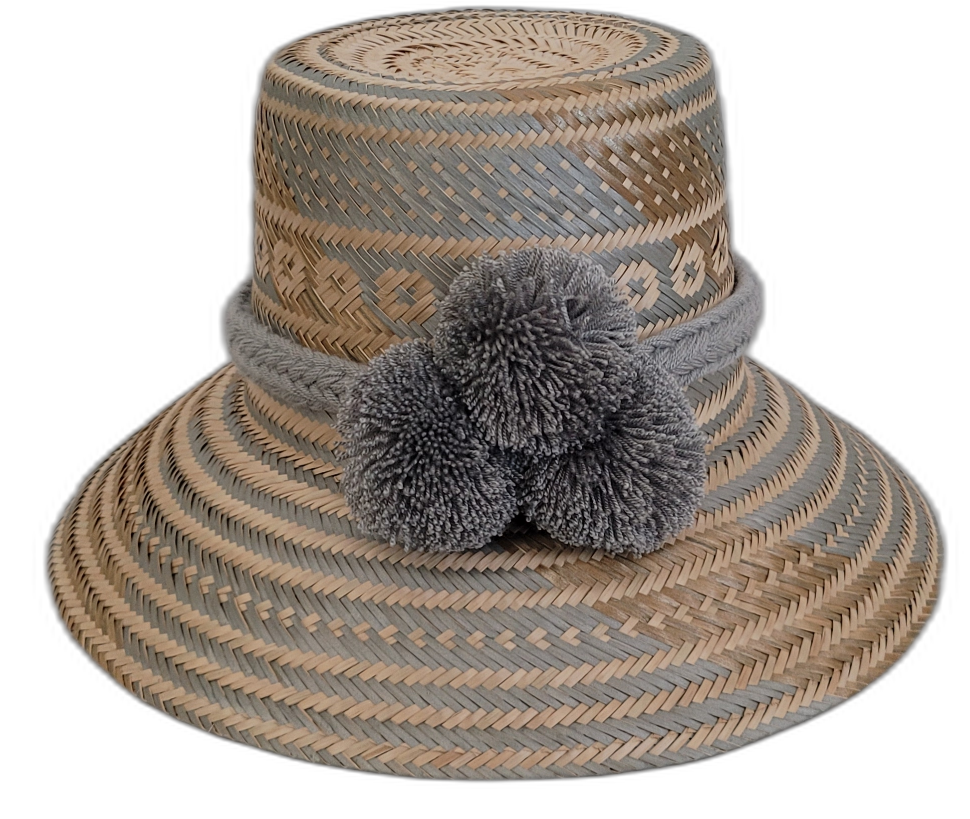 Handmade Wayuu bohemian straw hat with soft gray pompoms and beige-gray woven patterns.

