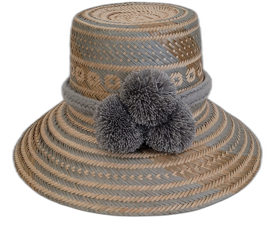 Handmade Wayuu bohemian straw hat with soft gray pompoms and beige-gray woven patterns.

