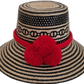 Handmade Wayuu bohemian straw hat with red pompoms and bold black-beige woven patterns.

