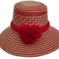 Handmade Wayuu bohemian straw hat with bright red pompoms and red-beige zigzag patterns.

