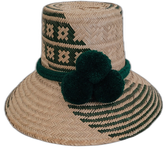 Handmade Wayuu bohemian straw hat with striking green pompoms and beige patterns.

