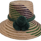 Handmade Wayuu bohemian straw hat with deep green pompoms and green-purple beige woven patterns.

