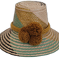 Handmade Wayuu bohemian straw hat with golden brown pompoms and mint-gold beige woven patterns.

