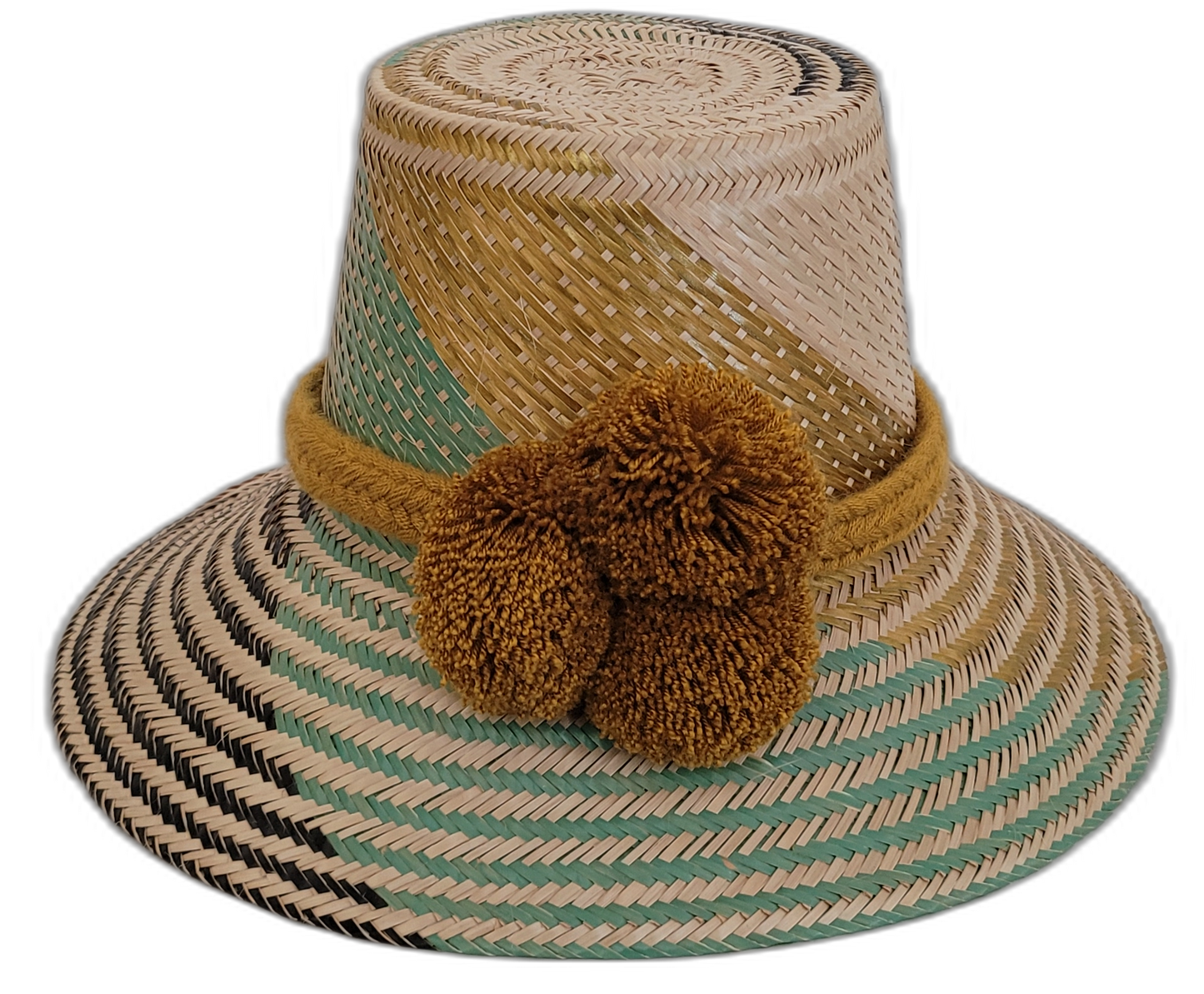 Handmade Wayuu bohemian straw hat with golden brown pompoms and mint-gold beige woven patterns.

