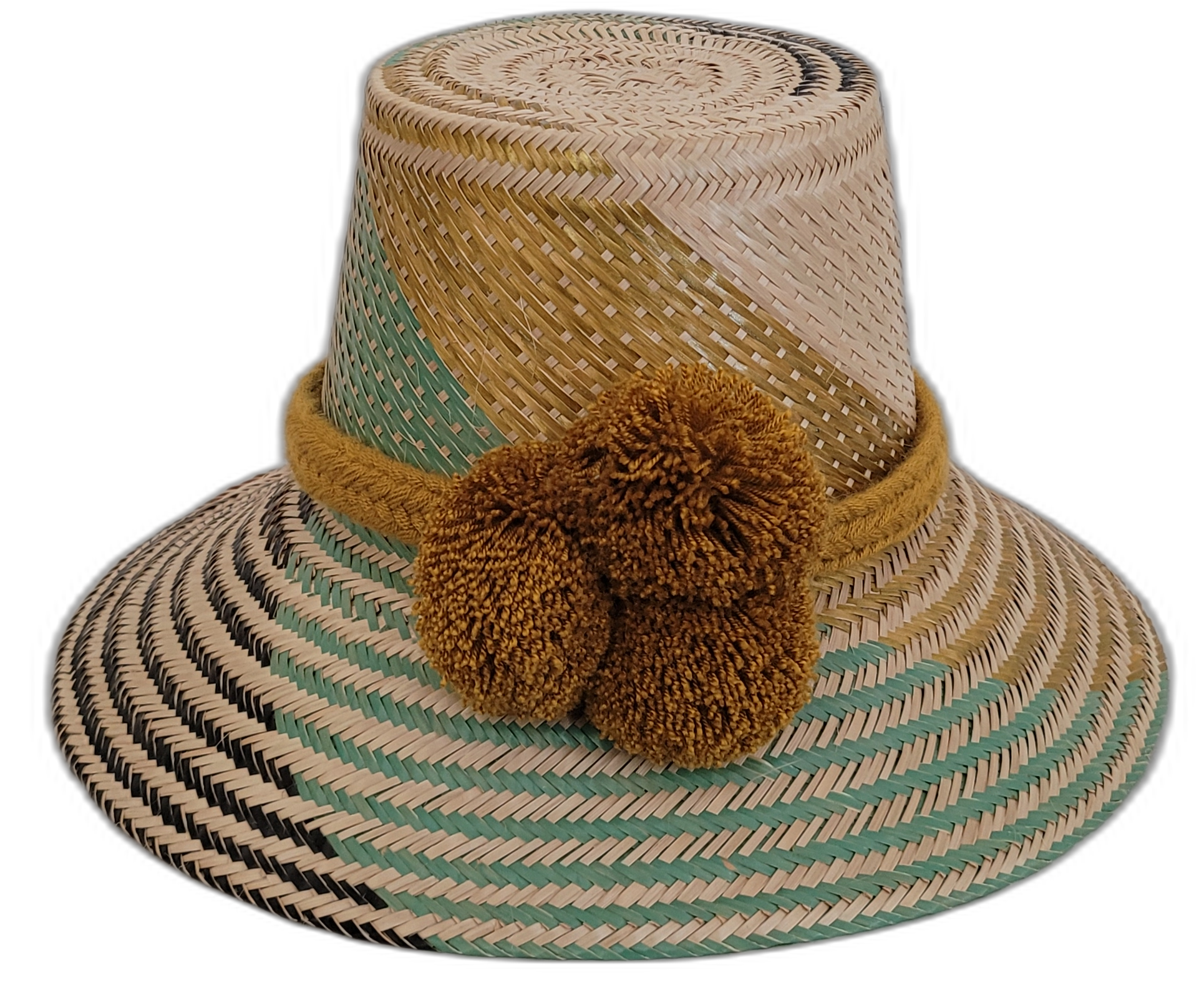 Handmade Wayuu bohemian straw hat with golden brown pompoms and mint-gold beige woven patterns.

