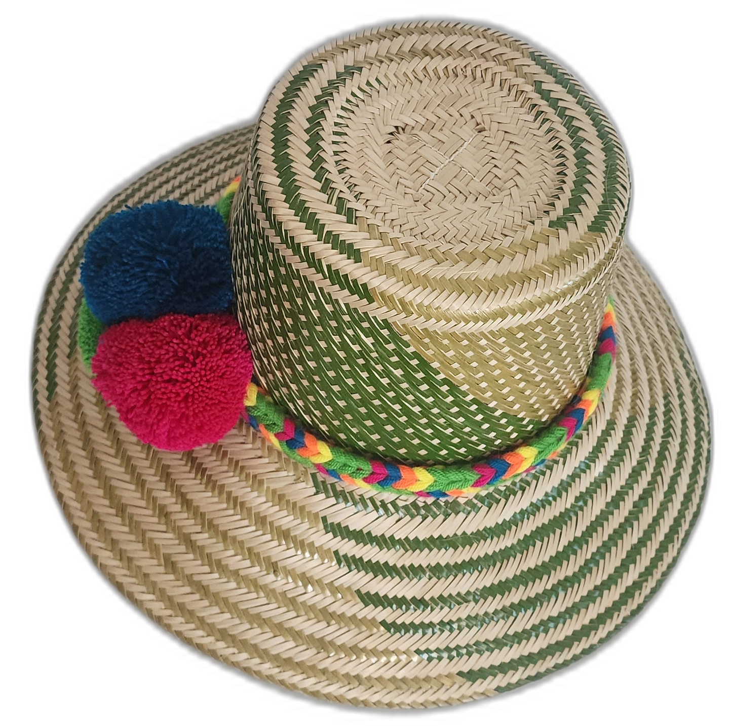 Bohemian straw hat featuring forest-green design and handmade pompoms in bright complementary tones.