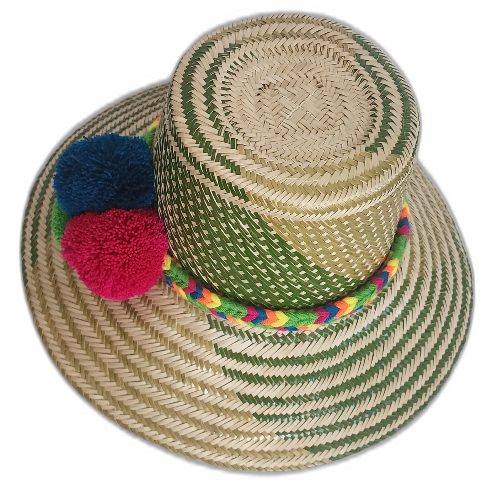 Bohemian straw hat featuring forest-green design and handmade pompoms in bright complementary tones.