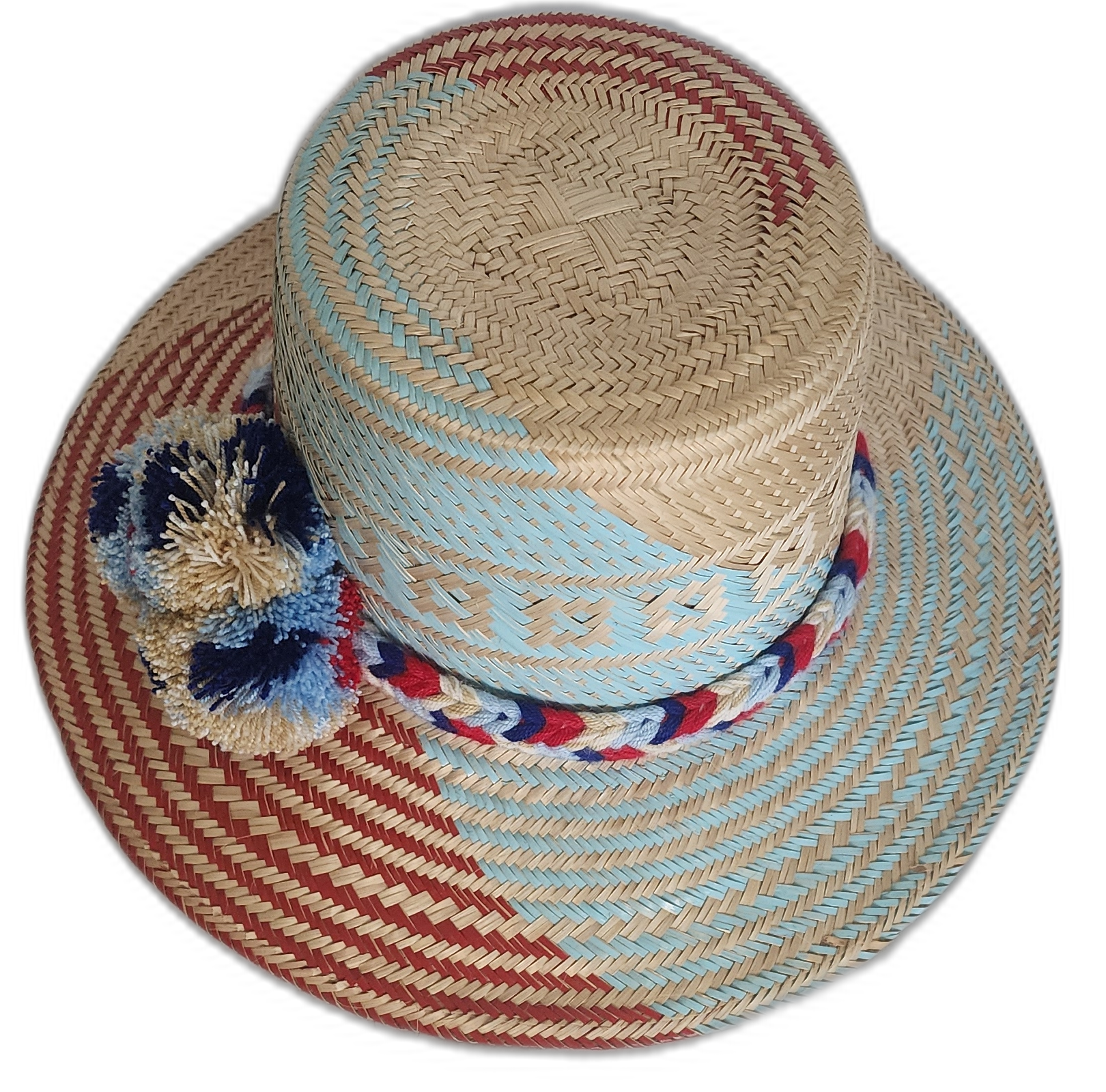 Colorful Wayuu hat with red, navy, and baby blue pompoms
