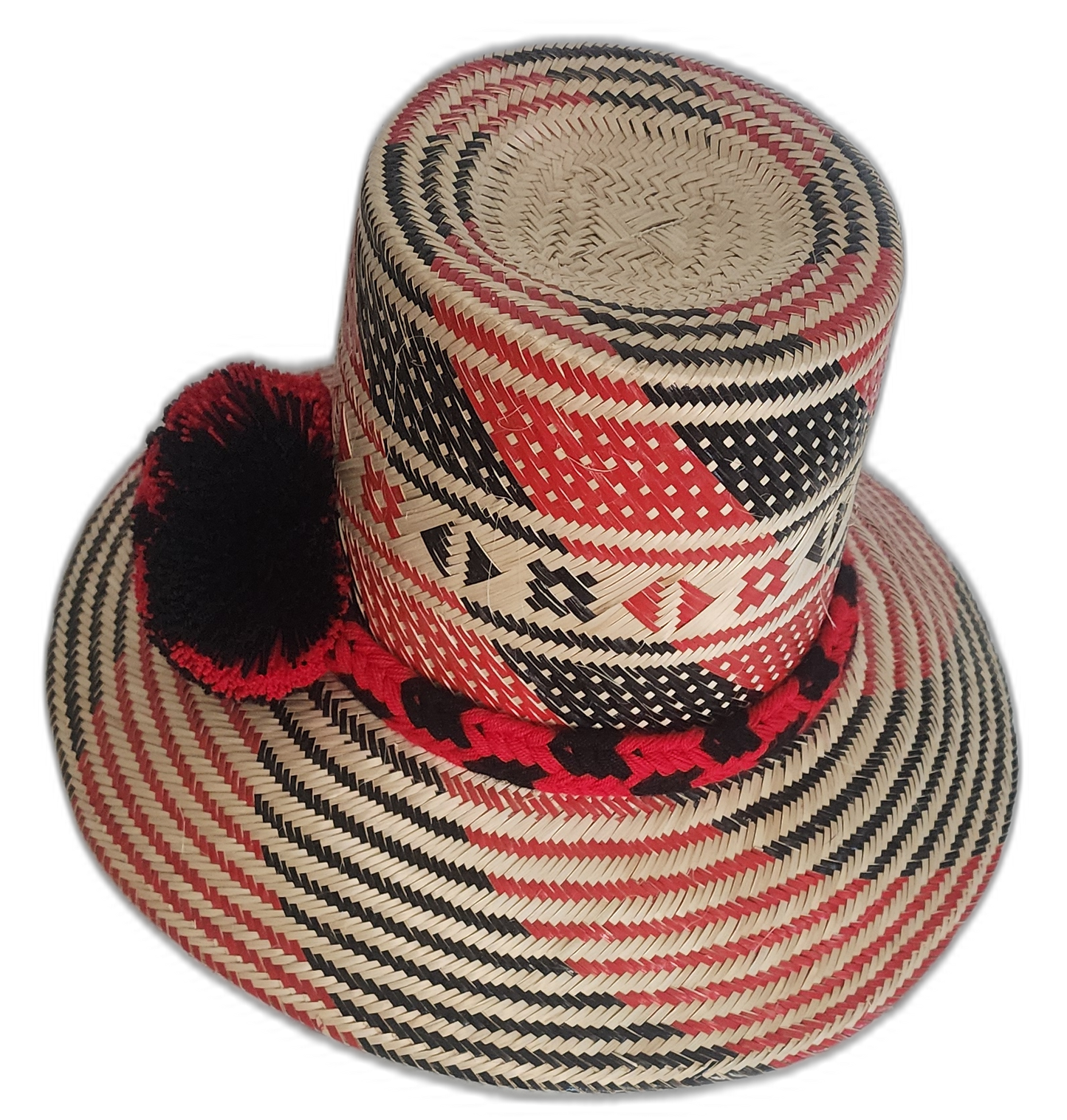 Bohemian straw hat with symbolic patterns and deep color