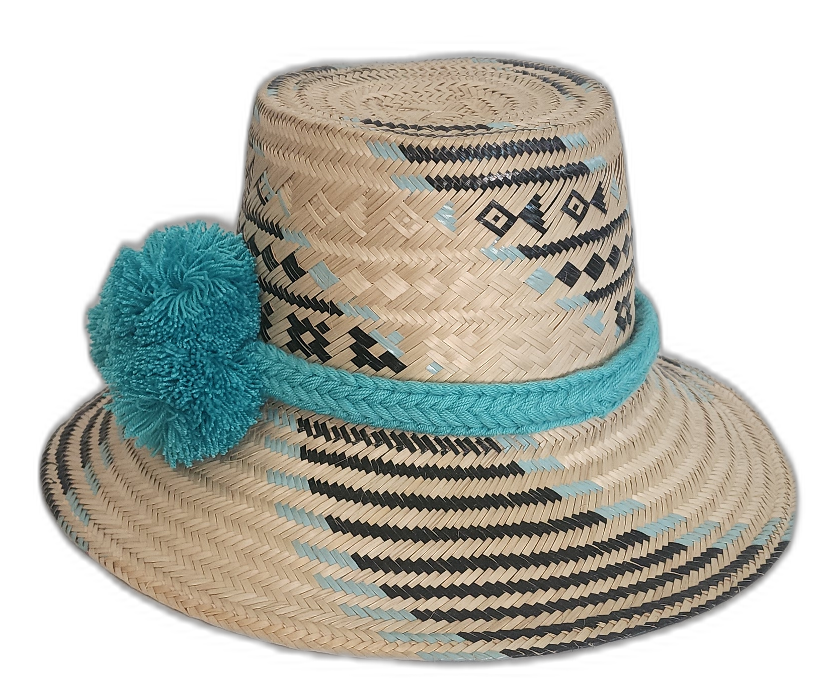 Boho chic straw hat crafted by Wayuu artisans featuring minimalist blue-on-natural design.Adalyn boho hat with bold turquoise and black design elements



