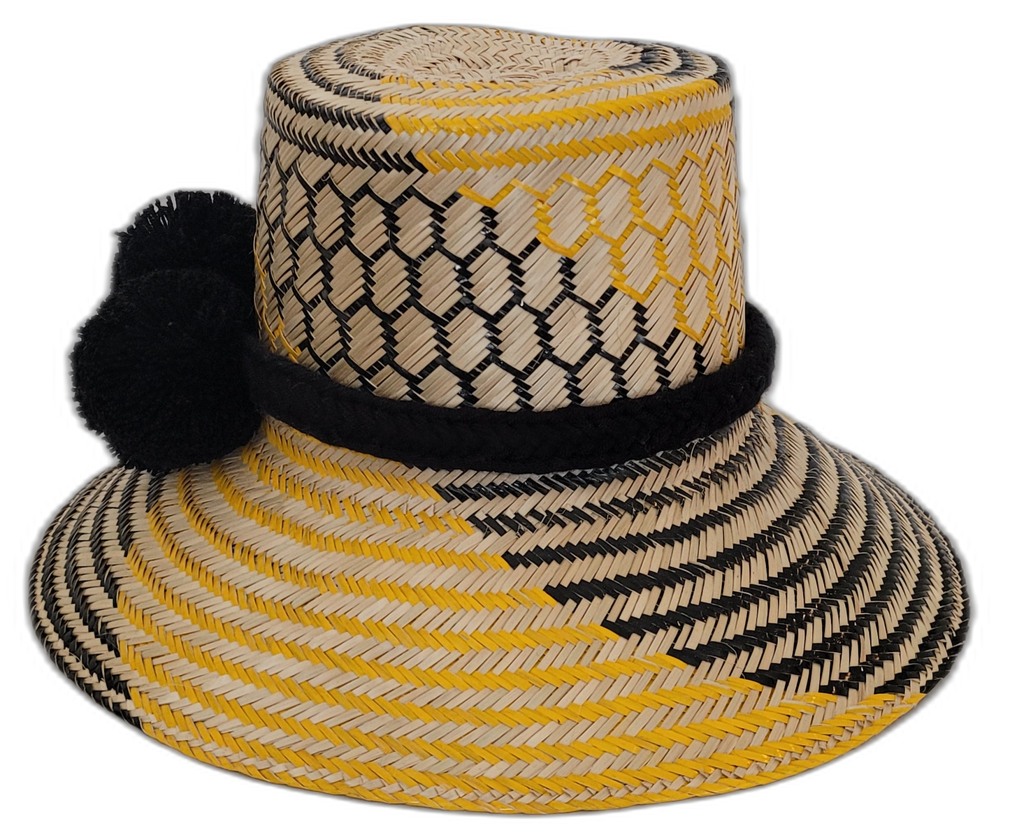 Bohemian chick hat with natural palm, black braid, and artisan detail