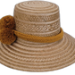 Artisan-crafted Wayuu hat in natural straw with bold golden braided pompoms.

